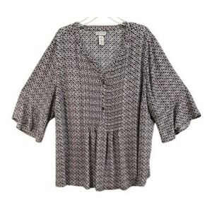 Catherines Shirt Womens 3X Black White Geometric 3/4 Bell Sleeve Blouse Tunic
